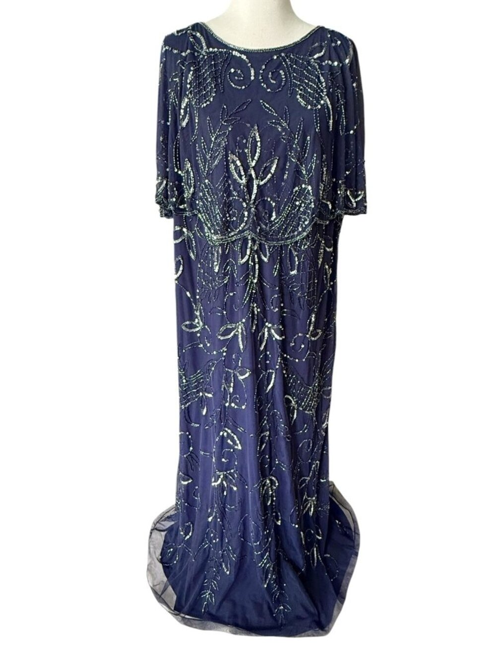 Roaman's Plus Size 24W Navy Blue Beaded Capelet Maxi Dress Evening Gown Glam NEW
